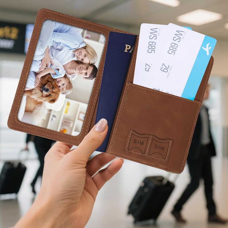 RHOttbiy Passport Holder for Travel, RFID Blocking Passport Cover with Pen Holder Leather Passport Wallet Case Travel Must Haves Accessories Passport Book Card Holder for Family Travel Essentials Gifts, Brown - Image 2